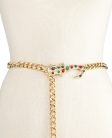 Kenneth Jay Lane brings biting style with this dramatic gold tone chain belt. With its alligator-shaped buckle and multi-hued embellishments, it will be the crown jewel of your collection.