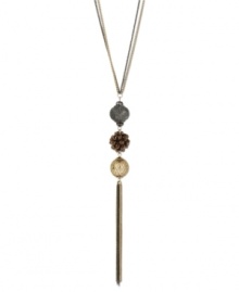 Fringe benefits. Kenneth Cole New York's long necklace showcases hematite tone wire mesh bead, bronze faceted bead fireball bead, gold tone wire wrapped bead with hematite tone chains. Crafted in gold tone and hematite tone mixed metal. Approximate length: 29 inches + 3-inch extender. Approximate drop: 5-3/4 inches.