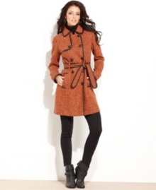 The classic trench gets a chic update with faux-leather trim and tweed on this Kensie style -- a hot fall staple!