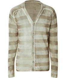 Stylish cardigan in fine, pure linen - Super-soft, densely woven knit - Chic, olive and white colorway - Perennially chic horizontal stripe motif - Decorative exposed seams and v-neck with rib trim at collar and button placket - Slim, straight silhouette - A sleek twist on a wardrobe staple - Pair with chinos, jeans or light wool trousers and trainers or leather lace-ups