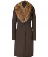 The classic coat gets a luxe touch with this lavish detachable fur collar version from Blumarine - Fitted silhouette, long sleeves, welt pockets, detachable large fun collar, concealed front button placket, back vent - Style with a slinky cocktail sheath and platform heels