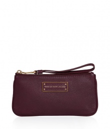 Sleek and sophisticated, Marc by Marc Jacobs leather clutch is a chic way to add a brush of color into your outfit - Metal and leather logo plaque, top zip with matching wristlet strap, tonal logo lining - Flat shape - Carry to cocktail hour with contemporary separates or flirty print dresses