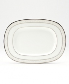 This versatile and stylish butter/relish tray will coordinate perfectly with a variety of table linens and flatware. An ornate scroll motif trimmed in platinum adds a sophisticated sensibility to your tabletop.