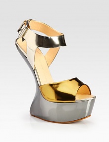 Metallic patent leather in contrasting tones with an architectural wedge, sturdy platform and adjustable ankle strap. Metal wedge, 6¼ (155mm)Covered platform, 1½ (40mm)Compares to a 4¾ heel (120mm)Metallic patent leather upperAdjustable ankle strapLeather lining and solePadded insoleMade in Italy