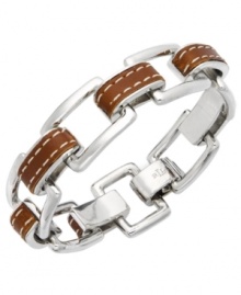 Industrial chic. This eclectic bracelet from the Lauren by Ralph Lauren collection features heavy rectangular links in concert with a trendy leather band. Set in silver tone mixed metal. Approximate length: 7-3/4 inches.