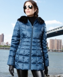 Smooth satin and cool quilting provide a sleek counterpoint to the luxurious faux fur hood on Laundry's cozy puffer coat.