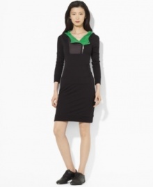 Lauren by Ralph Lauren's chic sweatshirt dress is finished with bold mesh trim and an attached hood for comfortable, athletic style.