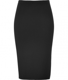 Quietly elegant and effortlessly cool, Jil Sanders black wool skirt ups the ante on ladylike luxe - Classically slim, high-waisted pencil cut - In a soft, medium-weight virgin wool  - Knee-length style slips on - Polished and preppy chic, ideal for pairing with a slim-cut blouse or a button down and long cardigan or pullover