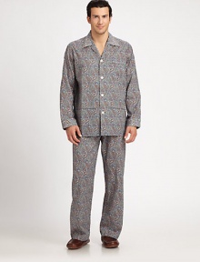 Lounge comfortable in this two-piece set, shaped in remarkably soft, breathable cotton with a charming paisley print finish. Cotton. Machine wash. Imported.SHIRTButton frontChest, hip pocketsPANTTwo-button elastic waistInseam, about 31