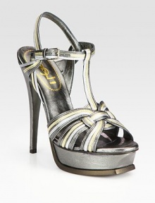 Bands of metallic leather shape this lust-worthy design, with a towering heel and adjustable ankle strap. Self-covered heel, 5¼ (130mm)Covered platform, 1 (25mm)Compares to a 4¼ heel (110mm)Metallic leather upperLeather lining and solePadded insoleMade in ItalyOUR FIT MODEL RECOMMENDS ordering one half size up as this style runs small. 