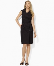 Channeling the timeless elegance of a classic trenchcoat, our sleeveless belted dress is designed in sleek, stretch cotton twill for a feminine silhouette from Lauren by Ralph Lauren.