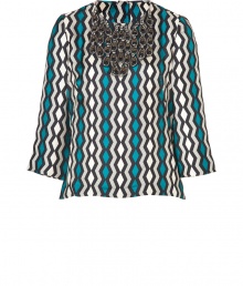 Cause a stylish commotion in this retro-inspired printed and embellished silk top from Milly - Round neckline with crystal and charm bib embellishment, gathering at shoulders, long flared sleeves, exposed back zip closure, all-over print - A-line silhouette - Wear with cropped trousers, high-heel oxfords, and a statement satchel