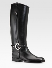 Sleek leather riding style with harness details and silvertone G logo.Stacked flat heel Shaft, 15 Leg circumference, 15 Leather lining and sole Padded insole Made in Italy