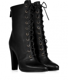 Detailed in matte leather with a softly pointed toe, Balmains lace-up black boots are an ultra luxe take on this military-inspired silhouette - Pointed almond toe, lace-up front with brass-toned aglets, metal back zip, blocky covered leather heel - Hits below the calf - Team with bright print dresses for maximum effect