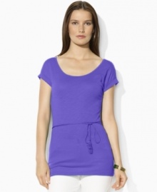 This ultra-soft Lauren by Ralph Lauren top is rendered with a chic scoop neckline and slim tie at the waist.