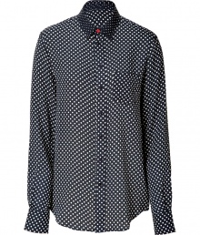 Detailed with a single red button at the throat, Josephs mixed dot silk shirt is a playfully chic way to dress up workweek looks - Contrast dotted collar, long sleeves, buttoned cuffs, button-down front, chest pocket, shirttail hemline - Loose fit - Wear with slim tailored trousers, or tucked into a pencil skirt