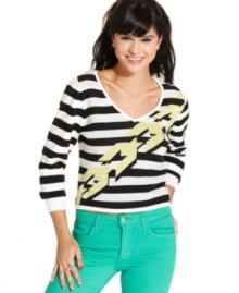 A houndstooth print with 3-D effect makes Material Girl's three-quarter sleeve striped sweater bold to the bone!