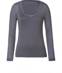 Stylish long sleeve t-shirt in slate cotton cashmere blend - Wide, double layer scoop neckline - Feminine fit, hits at hip - Super-soft wardrobe go-to - Wear solo or pair with a cardigan or denim jacket