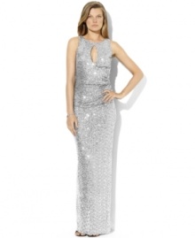 Lauren Ralph Lauren's elegant floor-length gown is rendered in glamorous sequined mesh with a keyhole cutout and graceful slit at the left side seam for added allure.