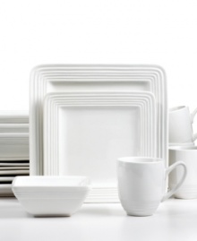 Keep it clean. The white Dekko white dinnerware set from Laurie Gates puts the focus on your culinary creations. Modern shapes look extra sharp with a defined edge and glossy finish.