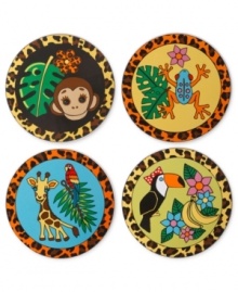 Animal attraction. This four-piece ceramic coaster set from Betsey Johnson will make you eager to set down your drink. Each coaster is leopard trimmed for a bit of wild style. Items come packaged in a signature Betsey Johnson Gift Box. Approximate diameter: 3-1/2 inches.