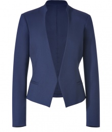 Crafted in Italian bistretch wool-blend twill for a perfectly tailored fit, Theorys navy blazer guarantees a clean, streamlined finish to your look - Stand-up collar, open front, pointed hemline, side slit pockets - Tailored fit - Team with a thin cashmere pullover, skinnies and heels