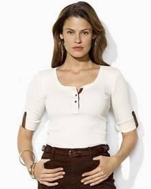 Chic roll-tab sleeves and supple faux-suede accents give a luxe update to a classic ribbed-knit cotton henley top.