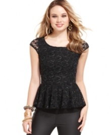 Flecked with metallic and covered in lace, this cap sleeve peplum top from BCX is a sweet treat for your closet.