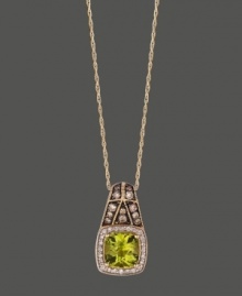 Embolden your look. Bright peridot (1-3/4 ct. t.w.) surrounded by round-cut white diamonds (1/10 ct. t.w.) and chocolate diamonds (1/6 ct. t.w.) make this Le Vian design a standout! Setting and chain crafted in 14k gold. Approximate length: 18 inches. Approximate drop: 3/4 inch.