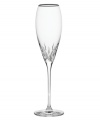 Inspired by the chic London neighborhood, Wedgwood Knightsbridge stemware features a delicately round shape with deep cuts around the bowl, accented with a platinum rim. The stem resembles a flower when viewed from above. Flute shown far right.