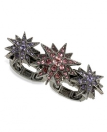 Shine like a star. Betsey Johnson's two-finger stretch ring is crafted from hematite-tone mixed metal with colorful glass crystal accents providing the sparkle.