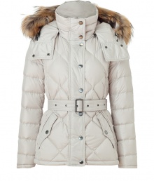 Ultra-luxe and undeniably stylish, this fitted down jacket from Burberry Brit will elevate any cold weather look - Stand collar with snaps, concealed zip closure, snap front placket, hood with raccoon fur trim, long sleeves, quilted, flap pockets with snaps, belted waist, fitted silhouette - Style with skinny jeans, a cashmere cardigan, and over-the-knee boots