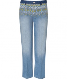 Stylish jeans in fine, blue cotton and silk blend - Supremely soft, lighter weight denim with gorgeous, yellow and white embroidery - Pale blue rinse has a chic, worn-in appeal - Roomy boyfriend cut crops at ankles - Crease detail lengthens and flatters the leg - Contrast darker waistband with belt loops and button closure - Slash pockets at sides, welt pockets at rear - Pair with a tunic top, silk tank or simple t-shirt and sandals