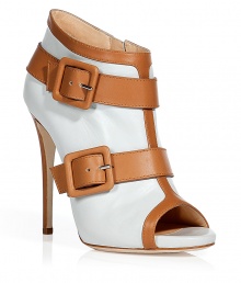 Super stylish white and camel peep-toe booties from Giuseppe Zanotti - These sophisticated shoes are great for a power lunch or a night out on the town- Bright white leather with contrasting tan piping and strap details, high stiletto heel - Style with a pencil skirt, a cropped puff-sleeve pullover, and nude fishnets