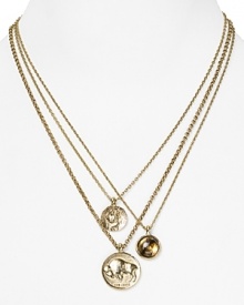 Coin and quartz charms exude an old-world, antique feel on Low Luv by Erin Wasson's charmed triple strand necklace.