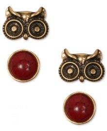 Sassy studs. Lucky Brand's stud earring set features a cheeky owl head and a semi-precious reconstituted calcite stone. Crafted in gold tone mixed metal. Approximate diameter: 1 inch.