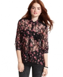 A garden of roses bloom across fine lace on this feminine take on the classic button down! From Belle Du Jour.