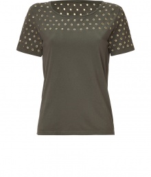 With its easy fit and cool peek-a-boo eyelet embellishment, Josephs cotton tee is an edgy choice for dressing up your casual daytime looks - Wide neckline, short sleeves, gold-toned eyelet-embellished top - Loosely fitted - Wear with leather leggings and favorite flats