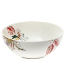 With a floral pattern that's truly fresh, Marcela's Floral Henna serving bowl for Prima Design has an exotic quality about it with vibrant colors blooming in simple white porcelain.