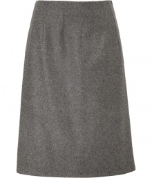 Quietly elegant and effortlessly cool, Jil Sanders grey wool skirt ups the ante on ladylike luxe - Classic slim, A-line silhouette - In a soft, medium-weight virgin wool and angora blend - Knee-length style with decorative seams at waist and side zip - Polished and preppy chic, ideal for pairing with a slim-cut blouse or a button down and long cardigan or pullover