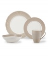 Shape up. A pattern of tiny squares gives the Mikasa Crisscross place settings a modern look and feel in resilient, everyday stoneware. Soothing tan and white tones mixing a matte and shiny finish add to its understated cool.