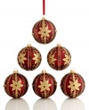 Make your tree extra-festive this season with these beautiful holiday ornaments, featuring a burgundy matte finish with a gold sparkle floral design.