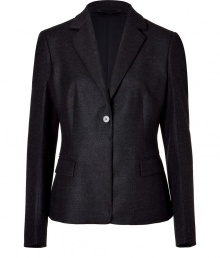 Luxurious blazer in fine, charcoal-gray heather wool-cashmere blend - Exclusive quality in a classic cut makes it a must-have for any professional wardrobe - Narrow-waisted with moderately deep lapels, one-button closure and flap pockets - Looks great with drainpipe pants and heels, or over a sheath dress