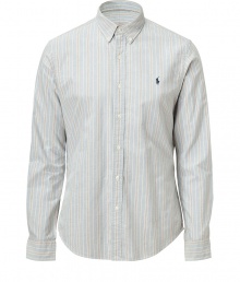 Easy, understated and classically cool, Polo Ralph Laurens striped button-down is a must in any modern wardrobe - Small button-down collar, long sleeves, buttoned cuffs, front button placket, embroidered polo logo, shirttail hemline, allover print, new slim cut is more fitted through chest and torso - Dress up with suit trousers and a blazer, or go for a more casual look with jeans and a pullover