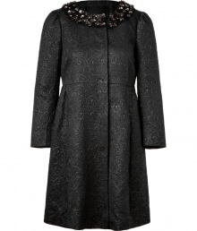 Leave your jewels at home and dress up your neckline with Valentino R.E.D.s exquisitely embellished woven metallic black coat - Collarless with tonal crystal flower embellished neckline, long sleeves, slightly puffed shoulders, front slit pockets, hidden front snaps - Fitted top, gathered waistline - Wear over a cocktail sheath with ladylike peep-toes