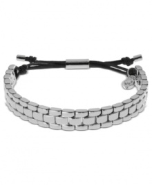 Watch out for sleek style. This adjustable bracelet from Michael Kors sports a linked, watch-inspired design. Adjustable with silk cord. Crafted in silver tone mixed metal.  Approximate diameter: 2 to 2-1/2 inches. Approximate width: 1/3 inch.