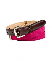 Add a bold pop of color to your ensemble with this stylish belt from Etro - Colorblocked with goatskin and calfskin in contrasting colors, gold-tone buckle and hardware - Style with slim fit trousers, a cashmere pullover, and platform heels