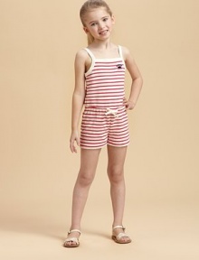 A warm-weather-ready romper is crafted from soft striped terry and features a drawstring waistband and signature Juicy embroidery.SquareneckSleevelessPull-on styleElastic waistband with drawstringBack patch pocket80% cotton/20% polyesterMachine washImported