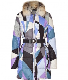 The classic Pucci print covers this super chic fur-lined down coat that will add high style to your cold weather look - Fur-trimmed spread collar, long sleeves, front zip closure, elasticized waist belt, quilted, all-over print - Wear with skinny jeans, a cashmere sweater, and shearling ankle boots