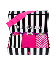 Packaged in a sweet striped box, Juicy Coutures set of 3 undies are as comfy as they are chic - Mixed set of 3 cotton stretch boyshorts with iris lace trim, gold-toned logo engraved heart charm, comes in a gift box - The perfect stocking stuffer for your favorite girl